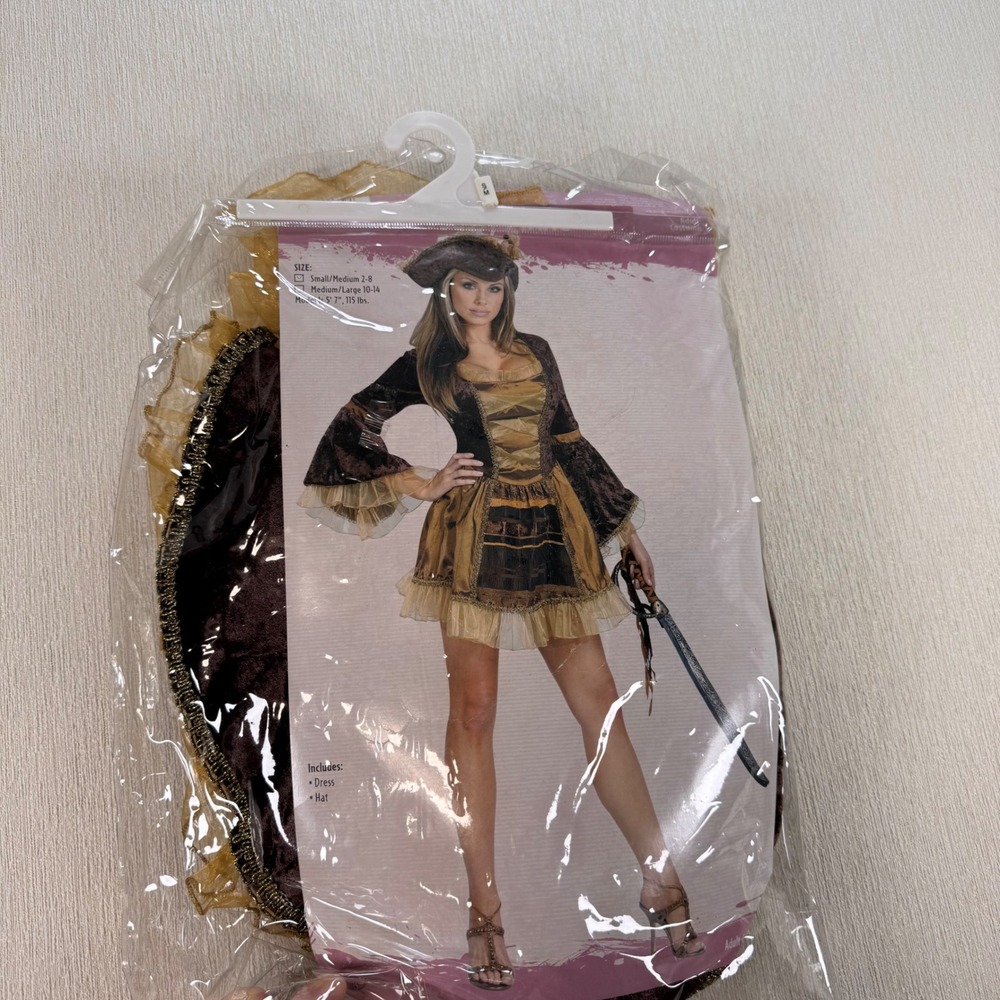 Womens Sassy Sexy Pirate Costume Size S/M Brown Gold Velvet Ruffle Dress & Hat
